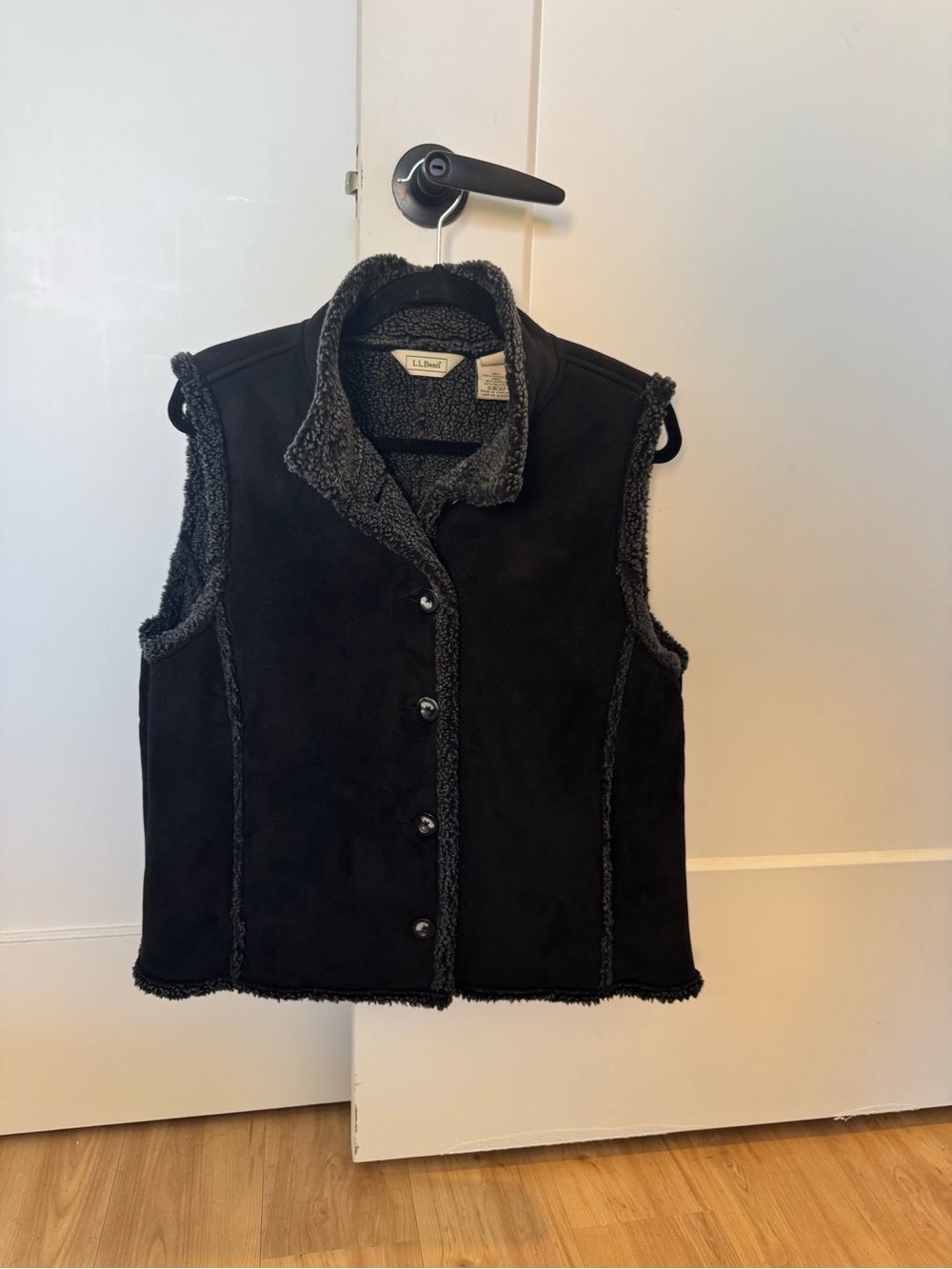 L.L. Bean Black Sherpa-Trimmed Button Vest